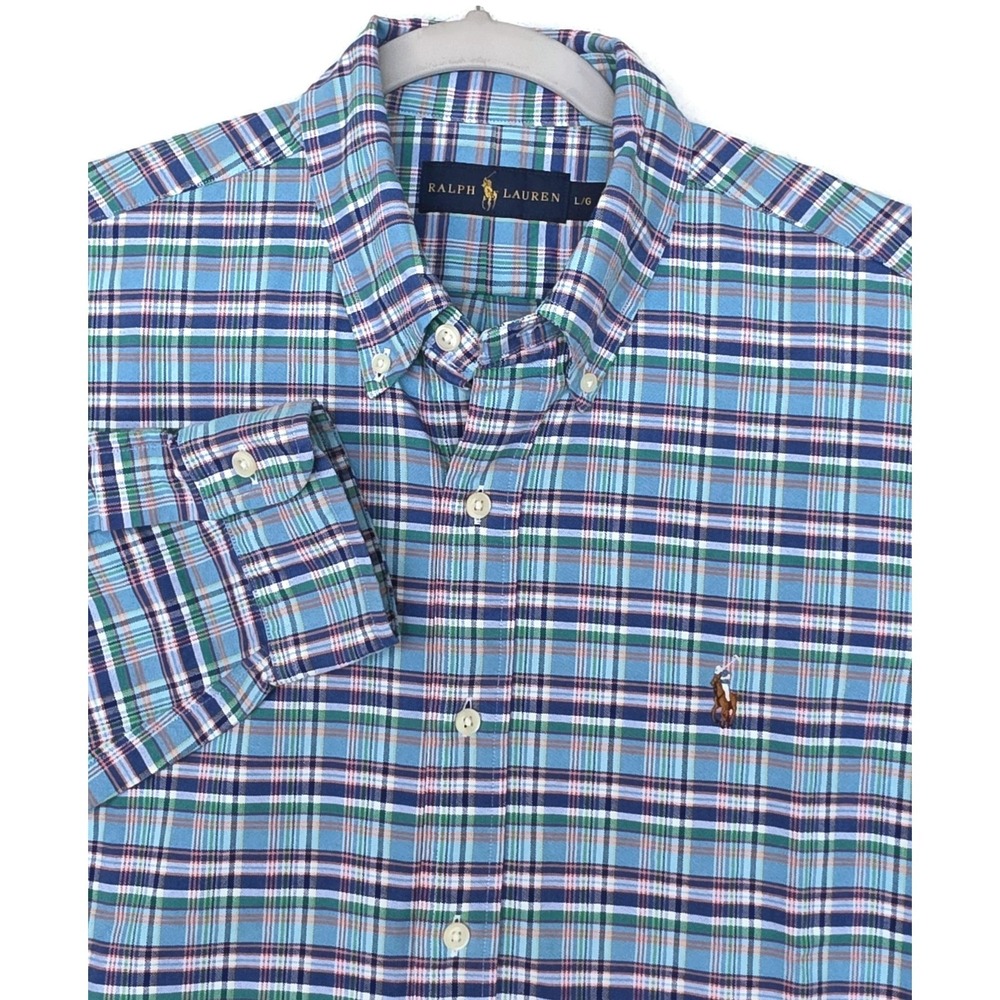 Ralph Lauren Shirt Mens Large Blue Green Plaid Long Sleeve Button Down Cotton